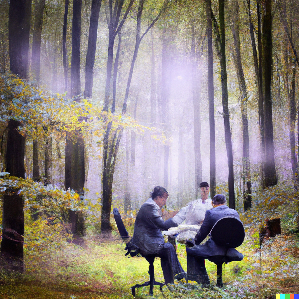 A business meeting taking place in a surrealistic forest